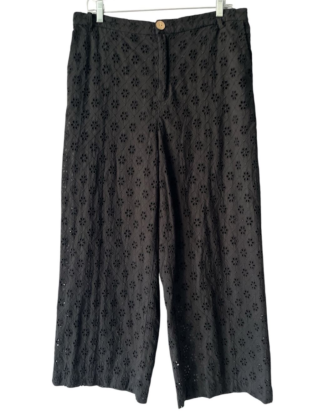 Zara Openwork Eyelet Embroidered Wide Leg Black Pants